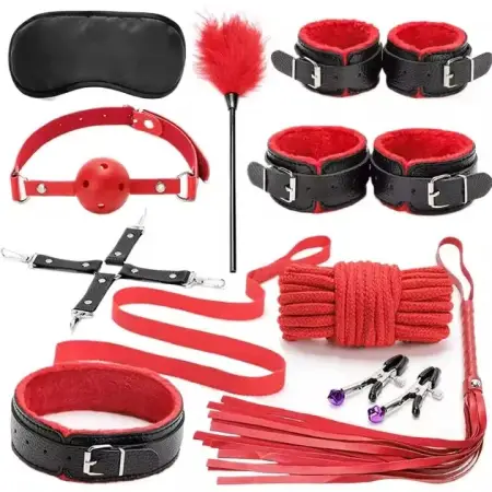 Erotic 10PCS Set of Couples Bondage Gear Handcuffs Whip Fetish Kit with Leather Restraints Exotic Accessories Sex Toys