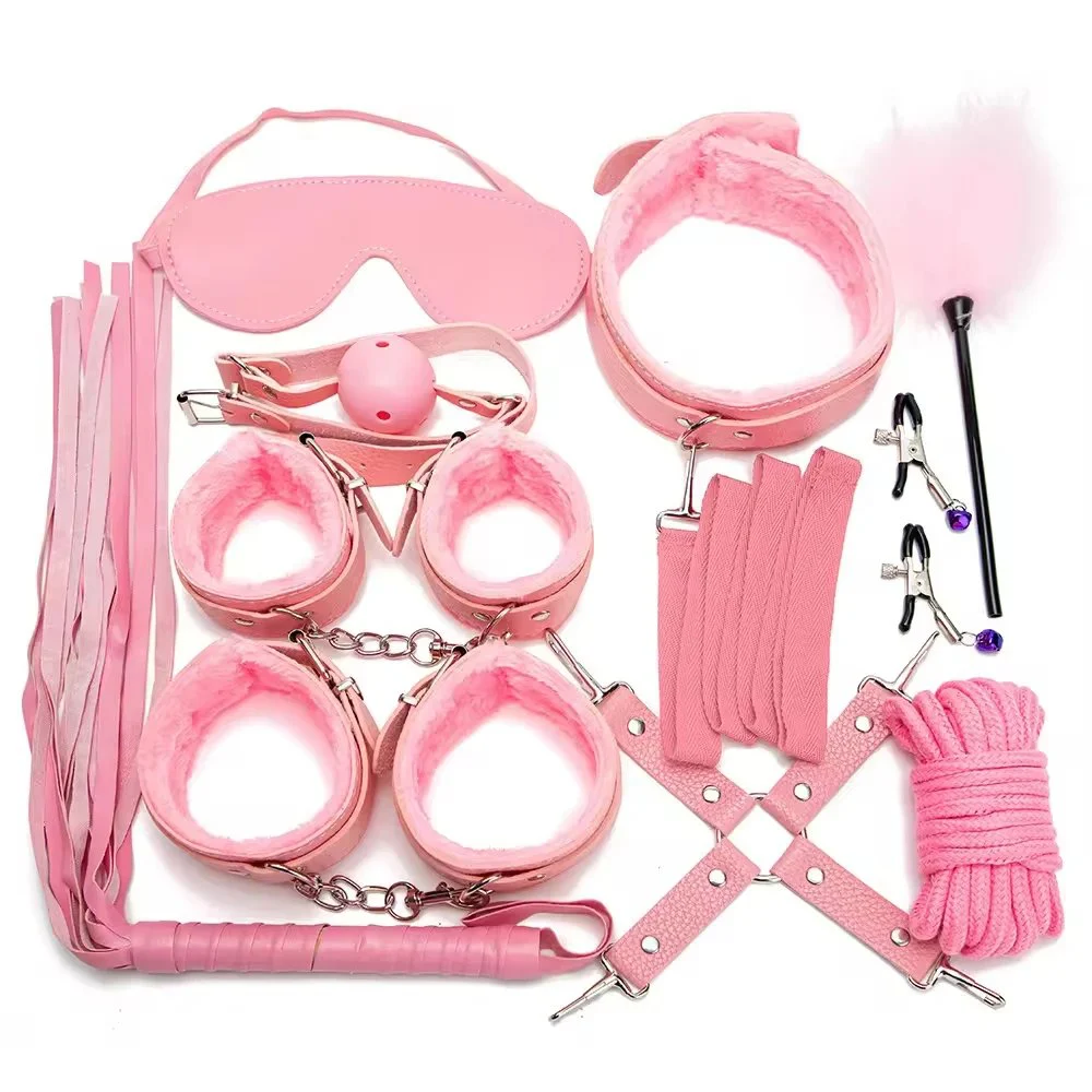 Erotic 10PCS Set of Couples Bondage Gear Handcuffs Whip Fetish Kit with Leather Restraints Exotic Accessories Sex Toys
