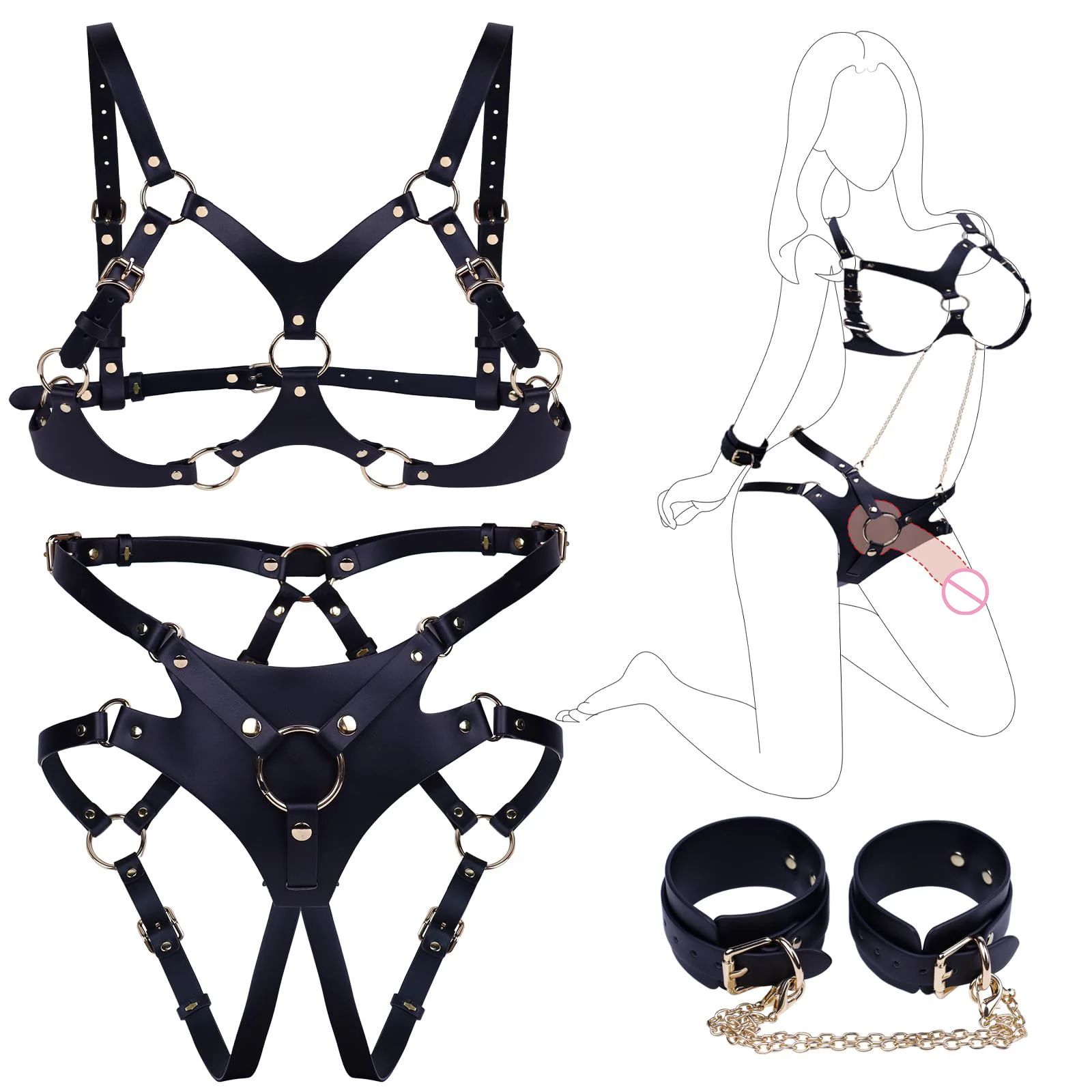 Adjustable Breast Harness Sexy Lingerie Strap on Waist Handcuffs Ankle Thigh Cuffs Sex Bondage BDSM Kits Restraints Set Sex Toys