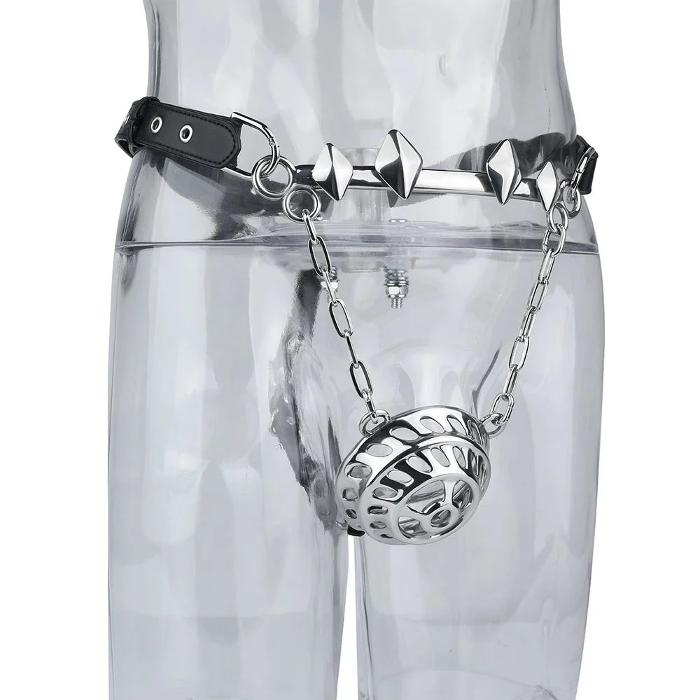 Adjustable Metal Chain and Leather Steel Dome Male Penis Bondage Sex Toys Heavy Metal Chastity Cages for Adult Games Cosplay