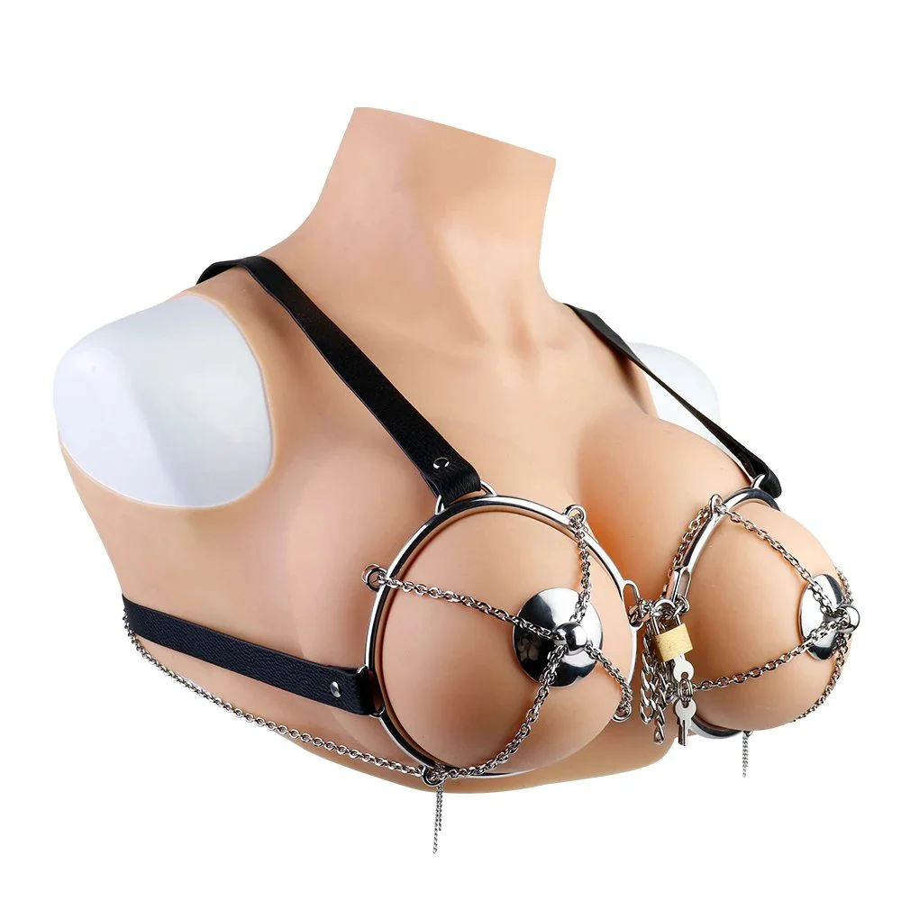 Fetish Chest Diamond Shield Metal Stainless Steel Chest Helmet PU Leather Bondage Couple Flirting Sex Toys