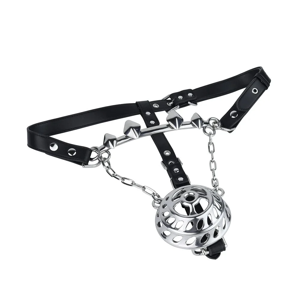 Adjustable Metal Chain and Leather Steel Dome Male Penis Bondage Sex Toys Heavy Metal Chastity Cages for Adult Games Cosplay