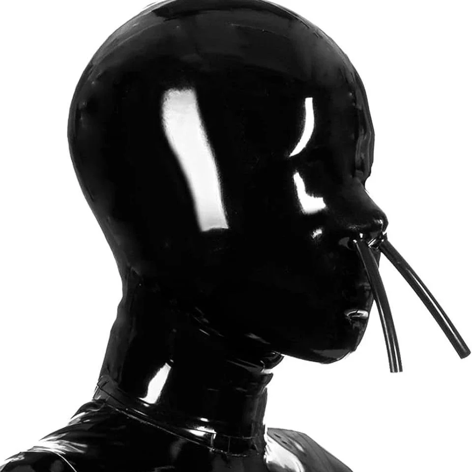 Halloween Black Sexy Latex 100% Waterproof Closed Toe Suffocating Hood Double Nose Tube Role-playing Adult Products