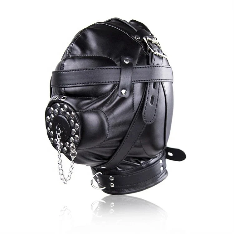 Adult Sex Game Full Head Mask Mouth Gag PU Leather Hood Fetish Slave Headgear Bondage