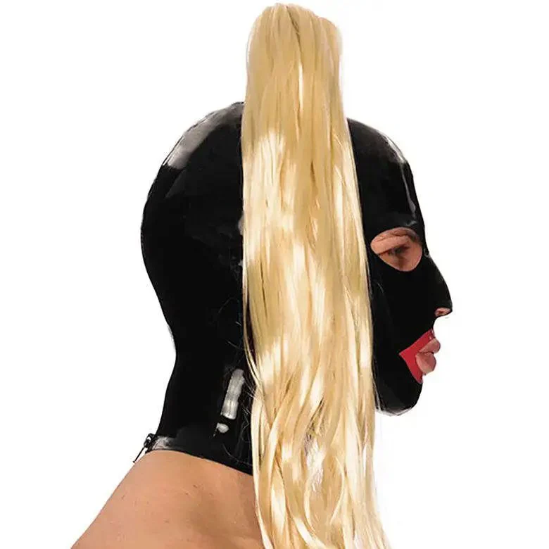 Latex Hood Mask with Mouth Red Trim Eyes Nose Hole with Zipper Ponytail Wigs Adult Black Sex Mask