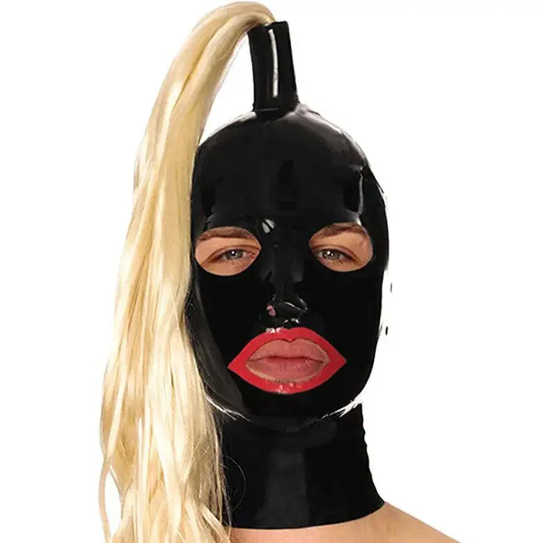 Latex Hood Mask with Mouth Red Trim Eyes Nose Hole with Zipper Ponytail Wigs Adult Black Sex Mask