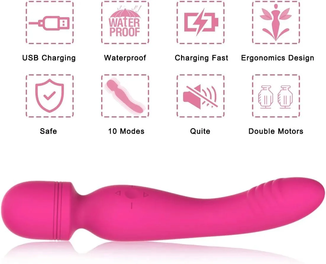 2 in 1 Double Ended Vibrator for Women Soft Silicone Sex Toy 10 Speeds Powerful Vibration Rechargeable Adult Wand Massager