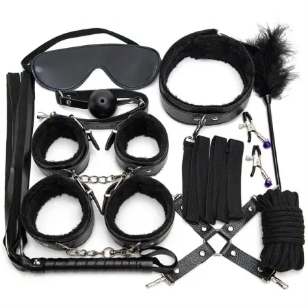 Ankle Wrist Cuff Eye Mask Blindfold Ball Gag Whip Feather Tickler PU Leather Bondage Set 10pcs Restraints Kit