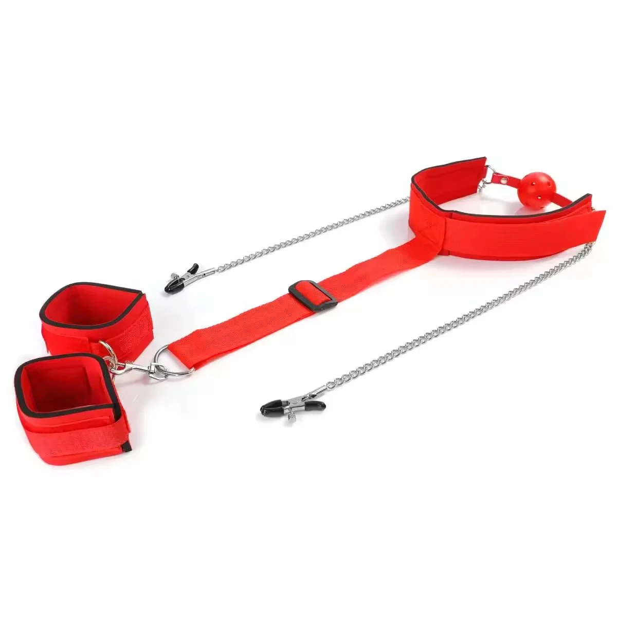 Behind Back Handcuff With Mouth Gag and Long Chain Nipple Clamps Bondage Restraints for Adult SM Games Sex Toys for Couples
