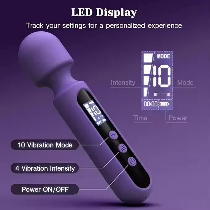 10 Speeds 4 Frequency Body Massager Led Display AV Wand Massager Clitoral Stimulator Silicone Vibrator with 3 Accessories