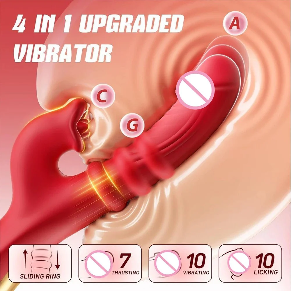 Tongue Licking Thrusting Realistic Dildo Rabbit Vibrator G Spot Dildos with Sliding Ring Sex Toy for Women