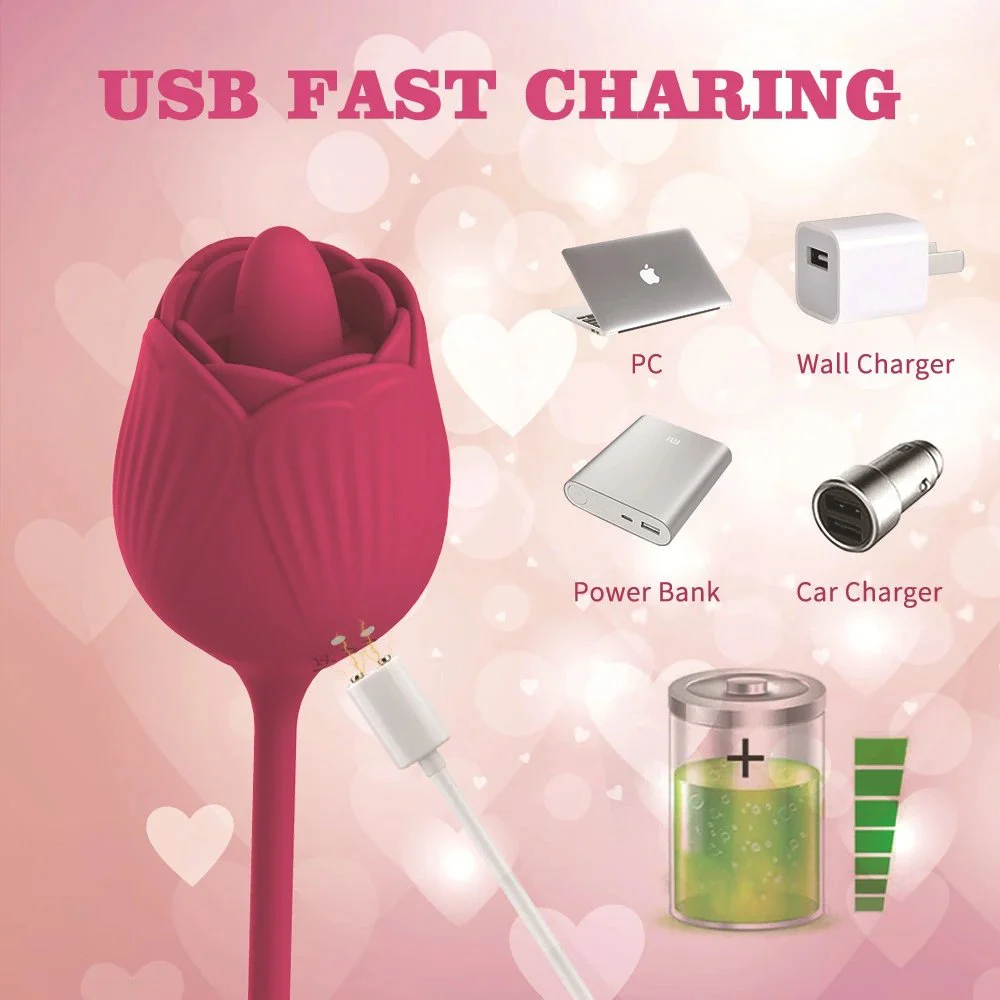 USB Rose Sex Toys with Thrusting Dildo 10 Modes Powerful Tongue Licking Rose Vibrator