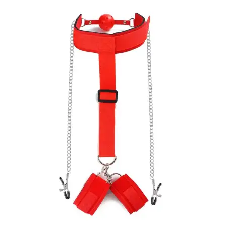 Behind Back Handcuff With Mouth Gag and Long Chain Nipple Clamps Bondage Restraints for Adult SM Games Sex Toys for Couples
