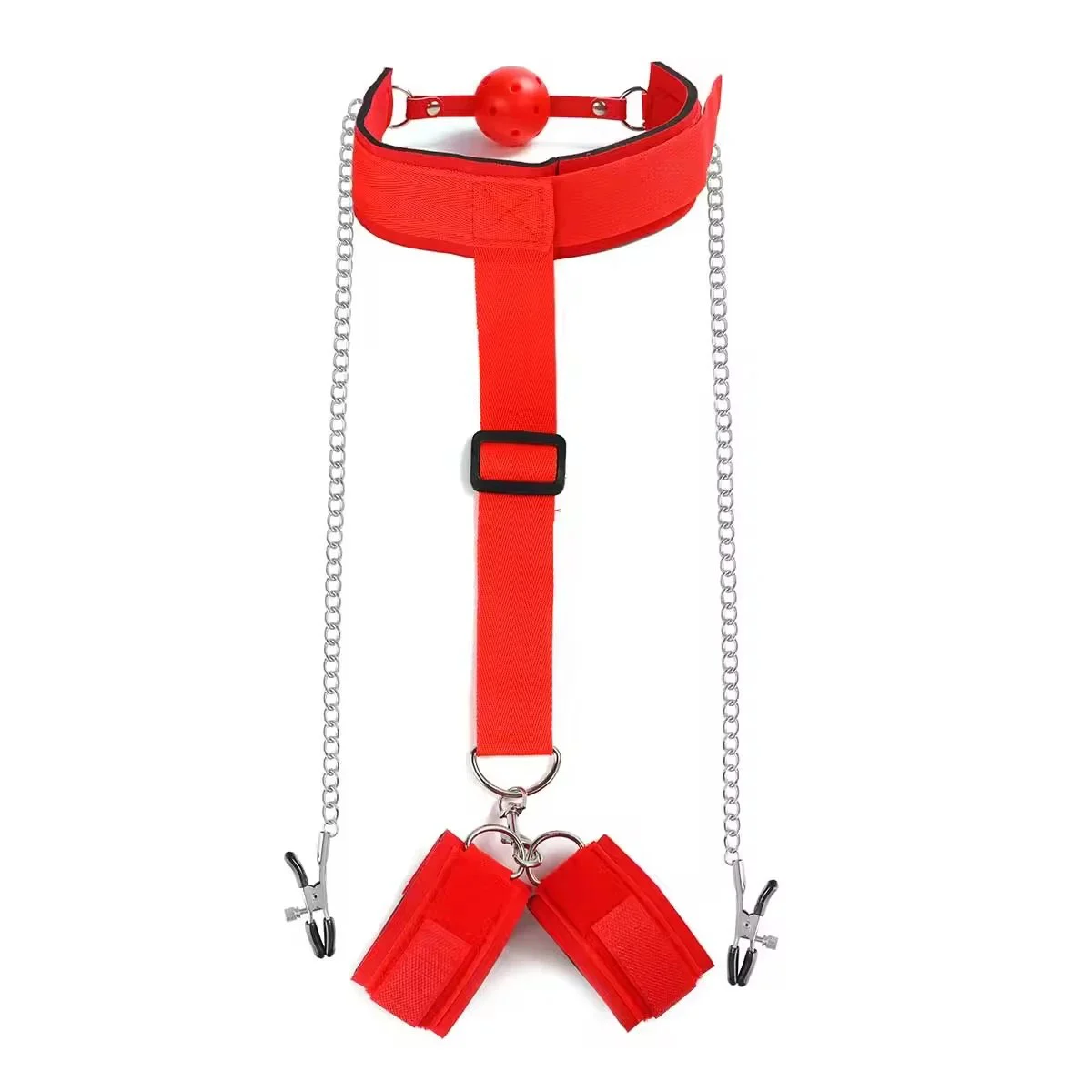 Behind Back Handcuff With Mouth Gag and Long Chain Nipple Clamps Bondage Restraints for Adult SM Games Sex Toys for Couples
