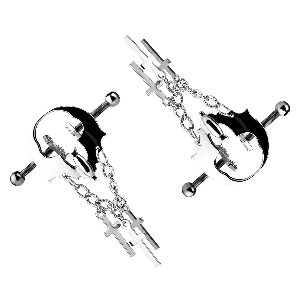 Gothic Skull & Cross Nipple Clamps Adjustable Screw-Down Nipple Stimulator with Hanging Weight for SM Fetish Play