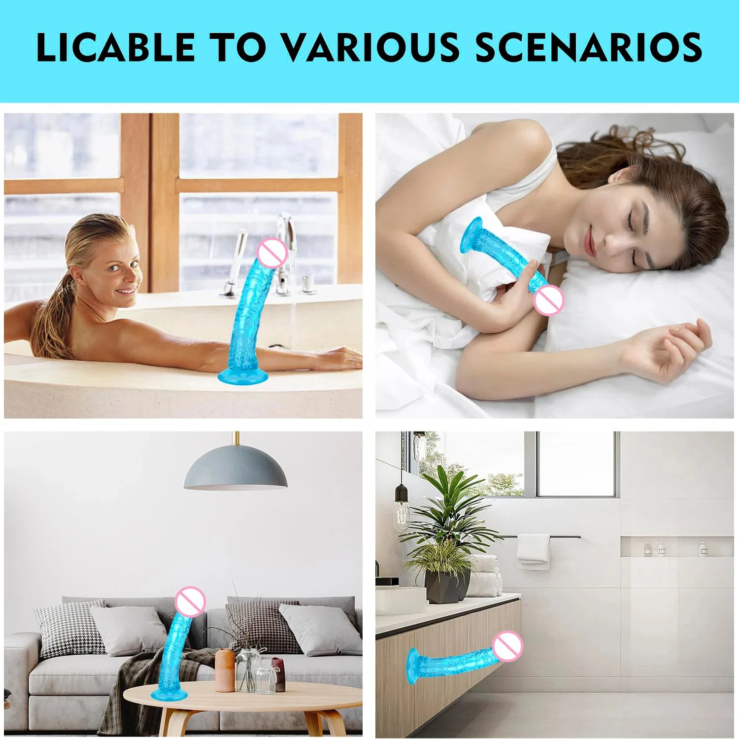 Blue Soft Realistic Jelly Silicone Dildo Strong Suction Cup Hands-Free Play Waterproof Eco-Friendly for Women G-Spot