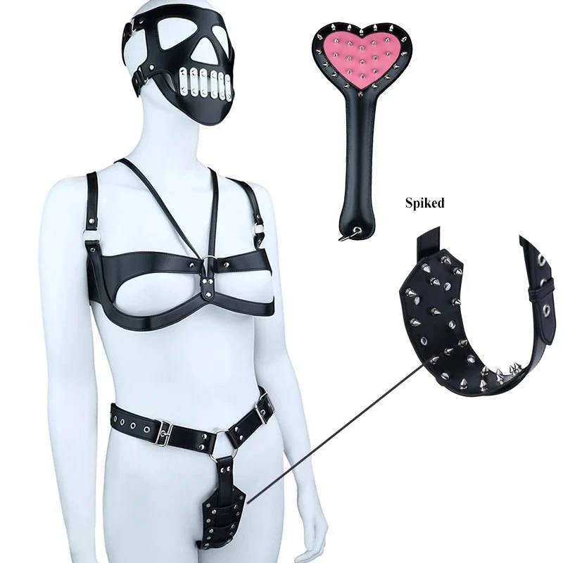 Breast Cage Bondage Bra,Spiked Leather Thong Panties,spiked Bondage Beat,Mask Bondage Sets Adult Sex Toys