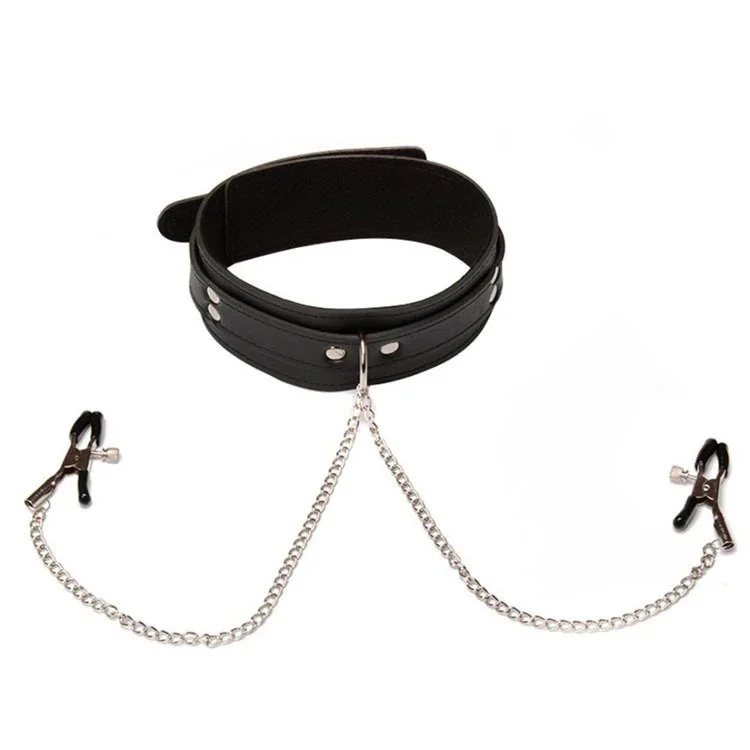 Bondage Neck Collar With Metal Chain Nipple Clamps Sex Toys