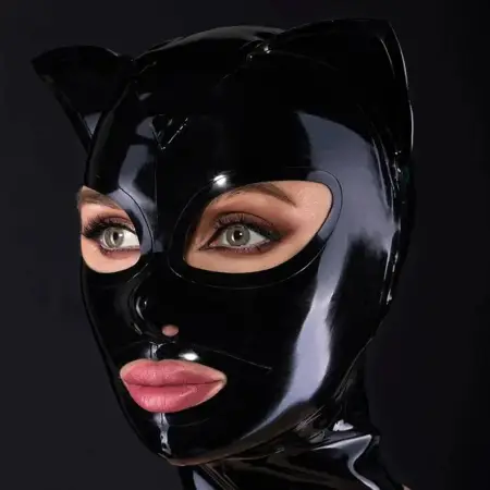 Black Latex Hood Cat Ears Back Zipper Open Eyes Nose Rubber Mask Cosplay Club Wear Costume Party Props Waterproof Fast
