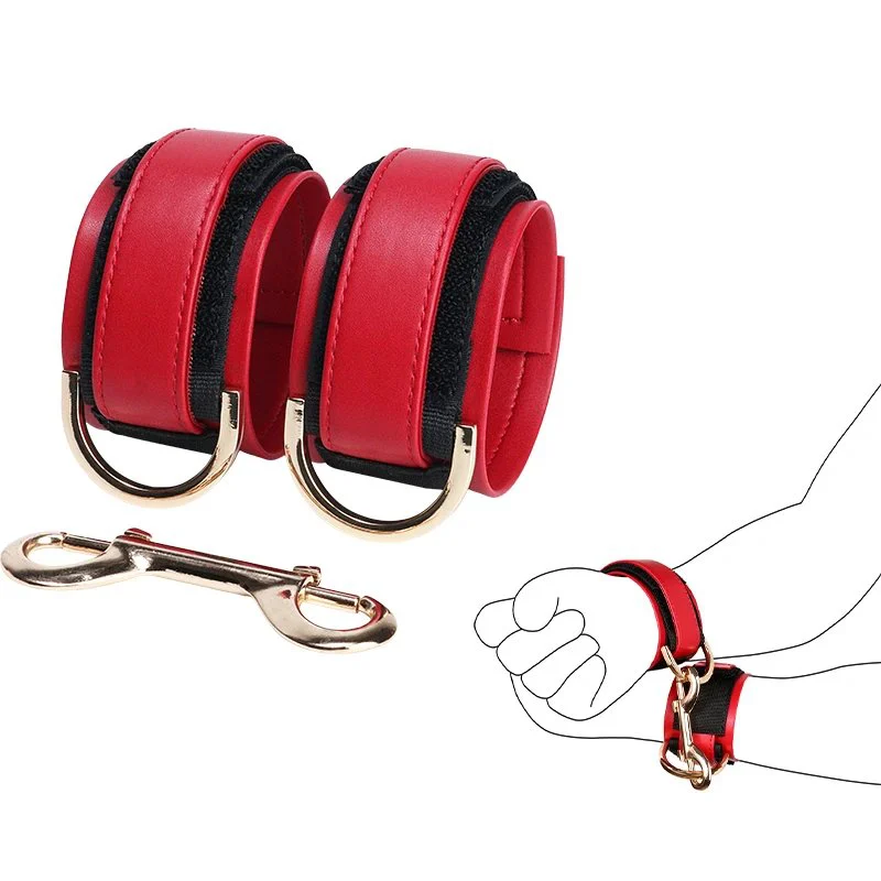 Leather Black Red Handcuffs, Fashionable Bondage Handcuffs for Adult Play for Bdsm and 18+