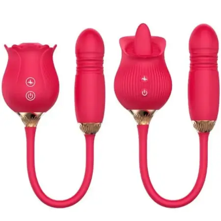Rose Flower Shaped Silicone Dildo Vibrator Woman's Thrusting Tongue Extension Sex Toy with Clit Sucking Feature