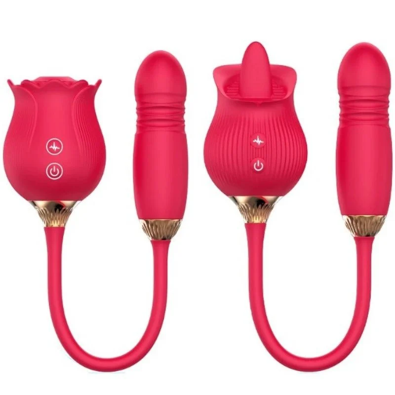 Rose Flower Shaped Silicone Dildo Vibrator Woman's Thrusting Tongue Extension Sex Toy with Clit Sucking Feature