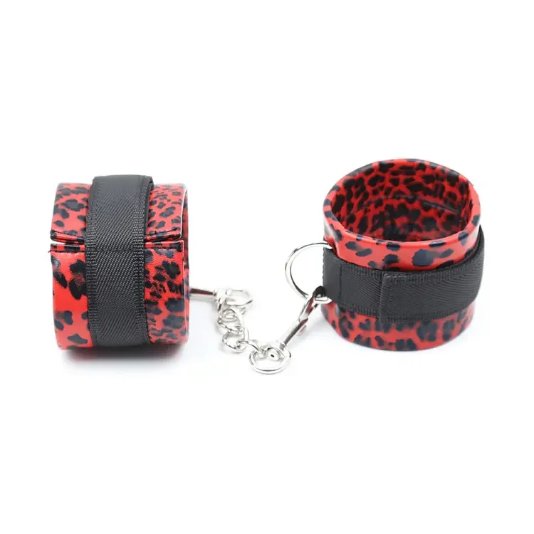 Eye Mask Gag Ball Whip Leather Handcuffs Game PU Leather Red Leopard Bondage Kit
