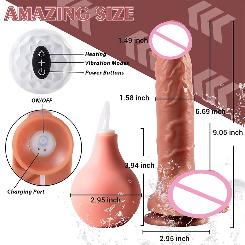 Remote Control 9Inch Silicone Vibrating Heating Realistic Dildo Penis Ejaculating Squirting Huge Dildo with Enema Bulb for Women