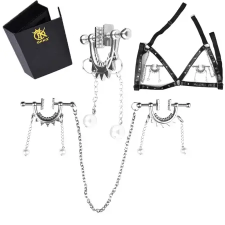 Leather harness With Chained Nipple Clamps,Leather Bondage Nipple Clamps,Nipple Clamps Stimulator,adjustable nipple clamps