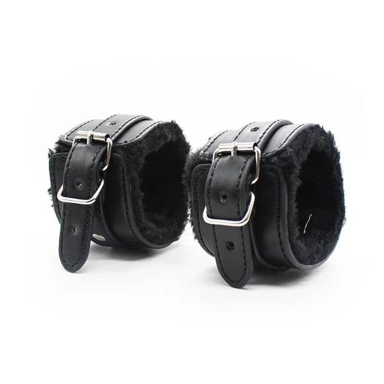 10PCS Set Fluffy Handcuffs Spanking Ass Whip Black Leather Bondage Restraints Kit