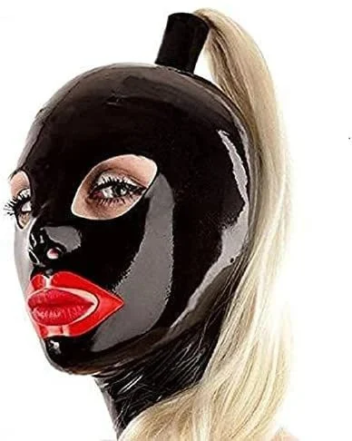 Latex Hood Mask with Mouth Red Trim Eyes Nose Hole with Zipper Ponytail Wigs Adult Black Sex Mask