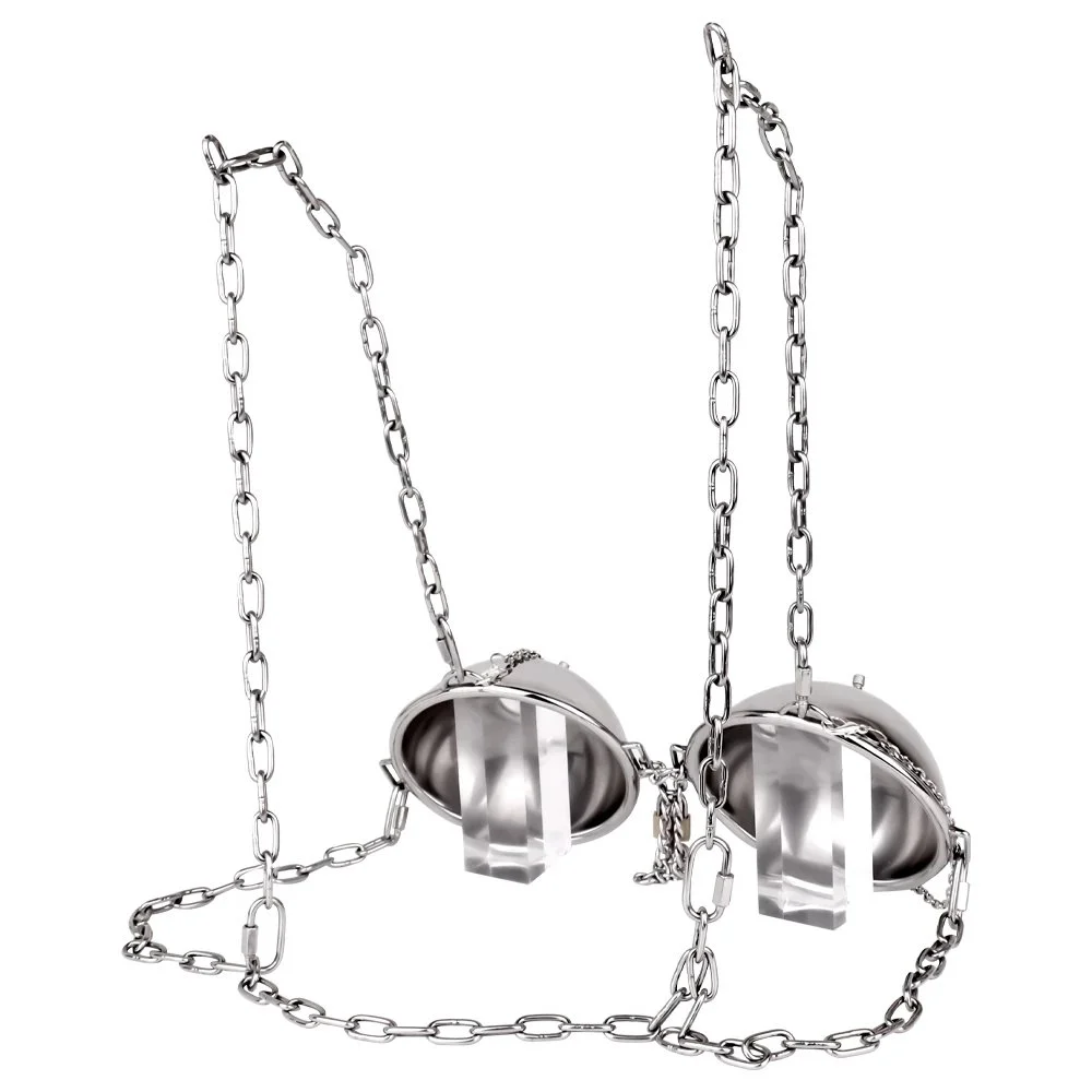 Heavy Duty Stainless Steel Breast Bondage Bra with Lock and Chains Metal Breast Cover Cups for Slave Play