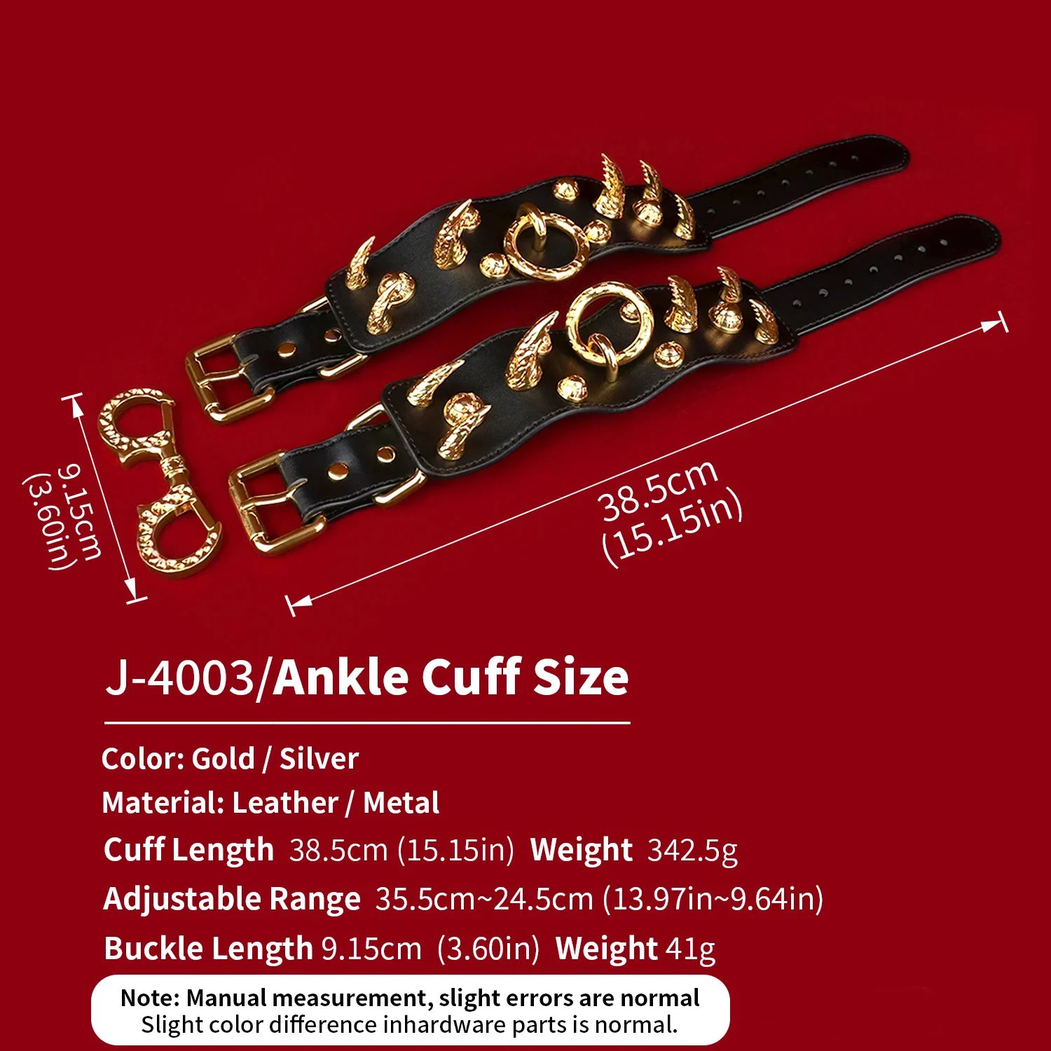 Heavy-duty Leather Adjustable Large Stud Lock Cuffs for Adult Novelty Toys and Roleplay Submissives
