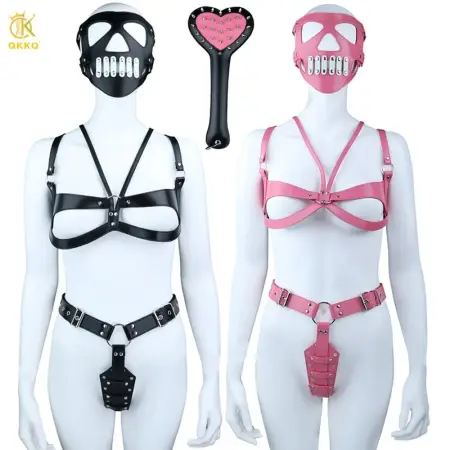Pink and Black Women's Body Harness Set with Studded Design Light Sensory Stimulation Made of Premium PU Leather Material