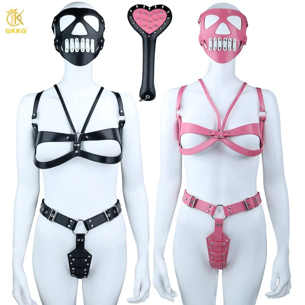 Pink and Black Women's Body Harness Set with Studded Design Light Sensory Stimulation Made of Premium PU Leather Material