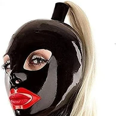 Latex Hood Mask with Mouth Red Trim Eyes Nose Hole with Zipper Ponytail Wigs Adult Black Sex Mask