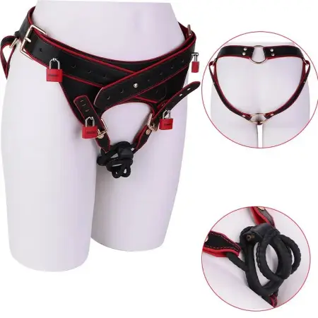 Red & Black Lockable Bondage Pants with Detachable Straps & Chastity Cage - Premium Microfiber Leather Harness for Couples