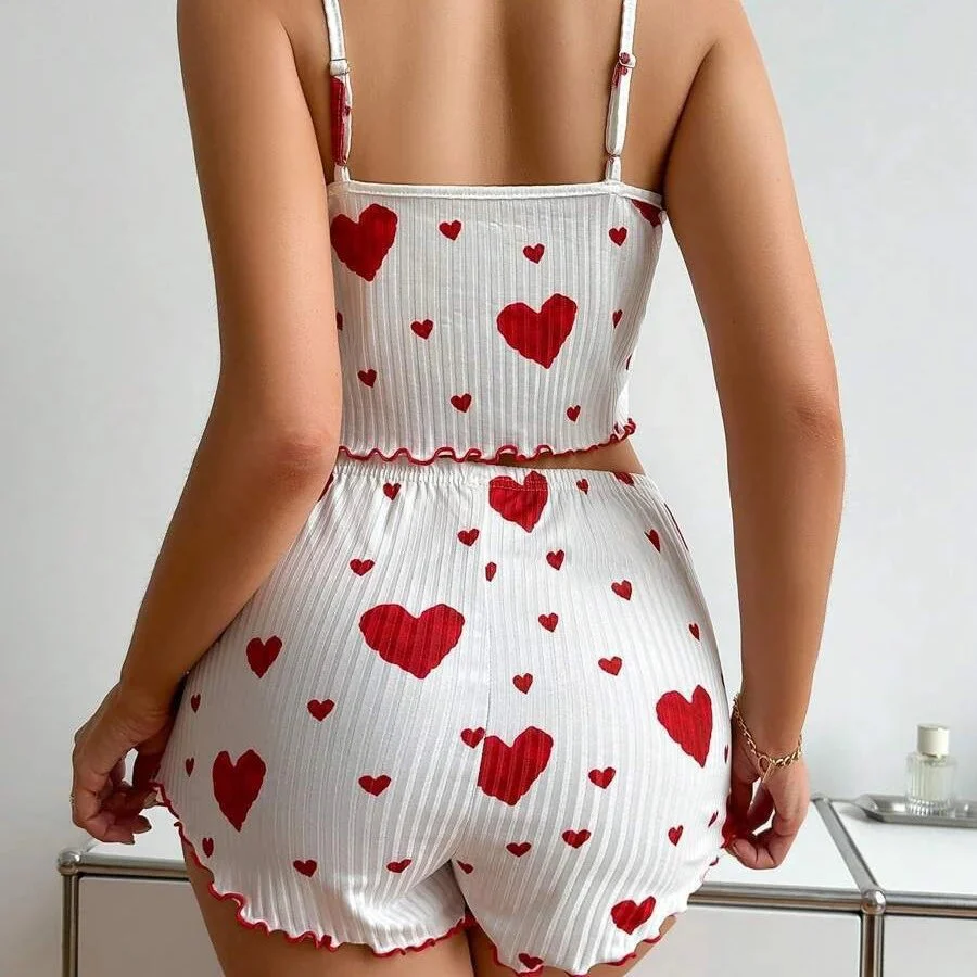 2PCS Love Printed Heart Print Cami Top and Shorts Sleepwear Set Sexy Women Pajamas