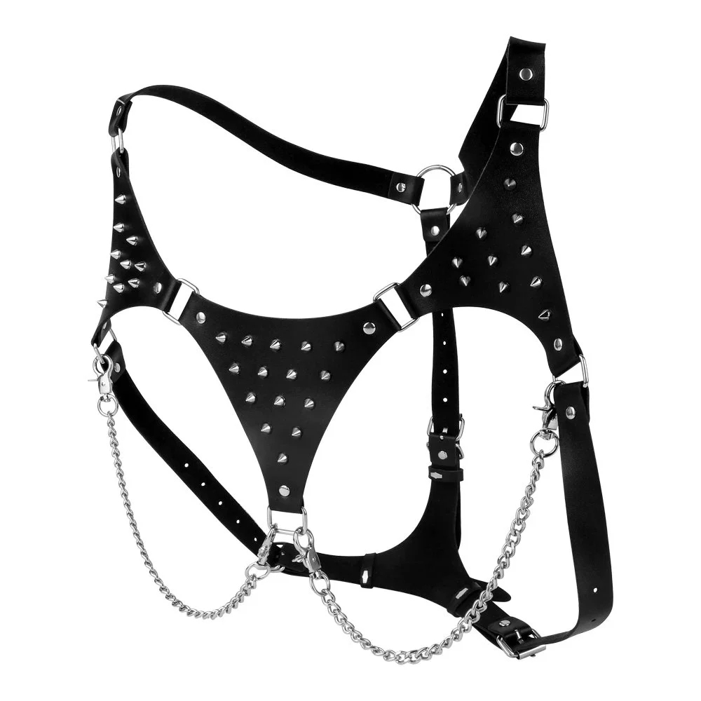 PU Leather ,alloy Metal Psyche Goddess Nipple Clamps Chainmail Spiked Armor Adjustable Leather Bra Couple Flirting Sex Toy