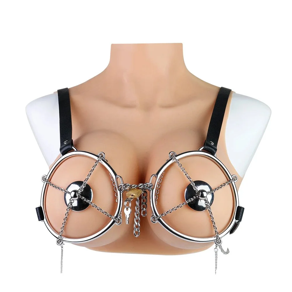 Fetish Chest Diamond Shield Metal Stainless Steel Chest Helmet PU Leather Bondage Couple Flirting Sex Toys