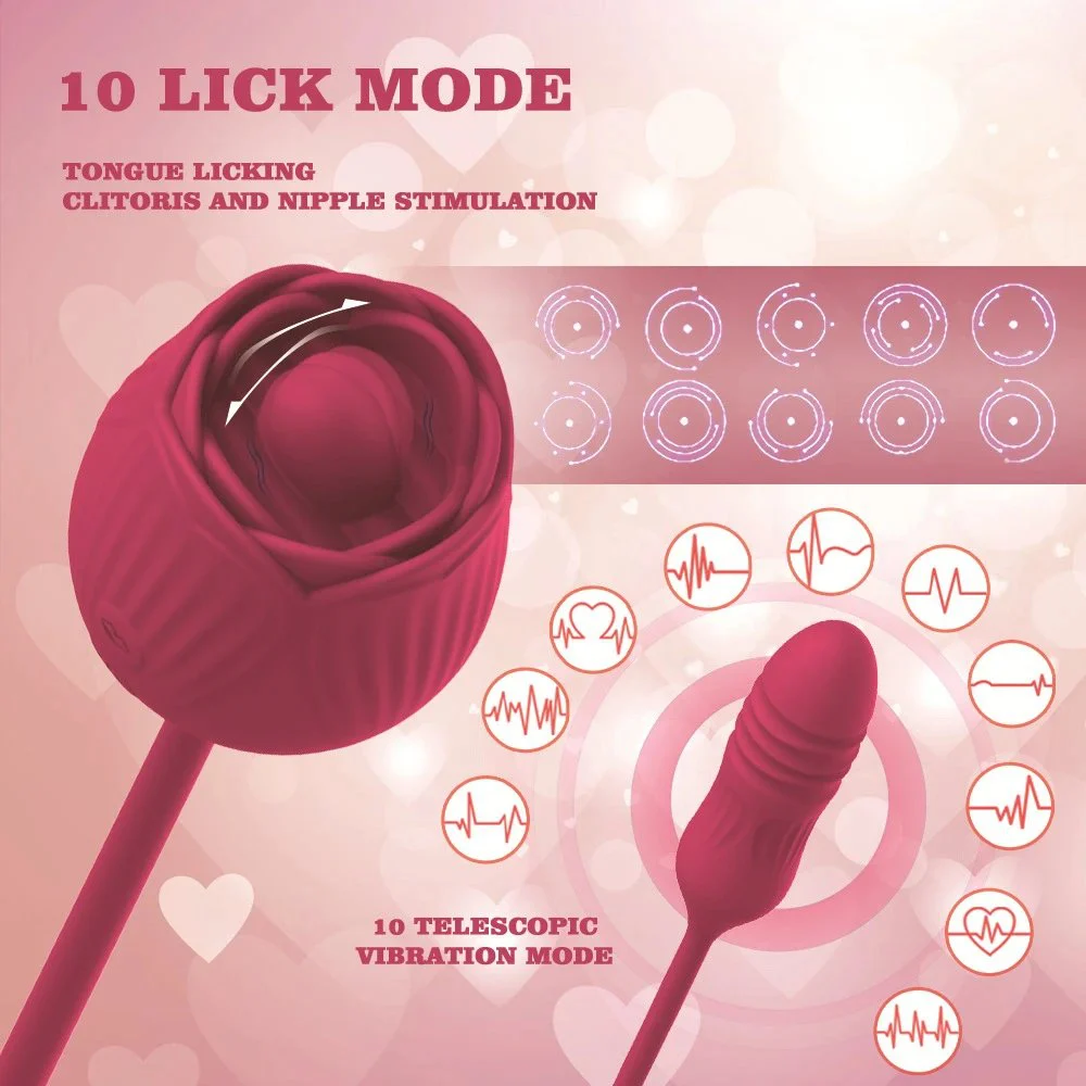 USB Rose Sex Toys with Thrusting Dildo 10 Modes Powerful Tongue Licking Rose Vibrator
