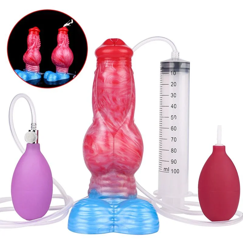 Dog Dildo Squirting Inflatable Anal Plug with Big Knot G-spot Stimulator Ejaculation Penis Silicone Adult Toy for Man Women