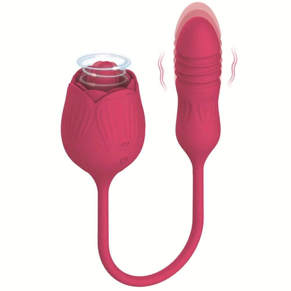 USB Rose Sex Toys with Thrusting Dildo 10 Modes Powerful Tongue Licking Rose Vibrator