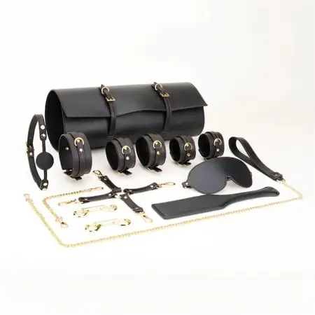 Sexy Eye Mask Handcuffs Mouth Ball Gag Luxury Genuine Leather Bondage Set Sex Toys for Couple