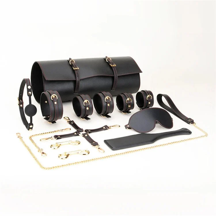 Sexy Eye Mask Handcuffs Mouth Ball Gag Luxury Genuine Leather Bondage Set Sex Toys for Couple
