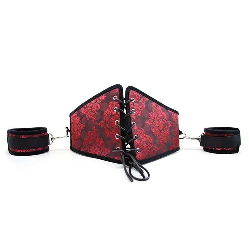 Six Piece Scarlet Brocade Style Corset and Cuff Restraint Kit Red Satin Waist Fetish Bondage Gear Kit Set for Women Couples