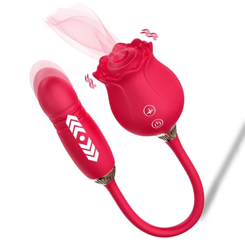Rose Flower Shaped Silicone Dildo Vibrator Woman's Thrusting Tongue Extension Sex Toy with Clit Sucking Feature