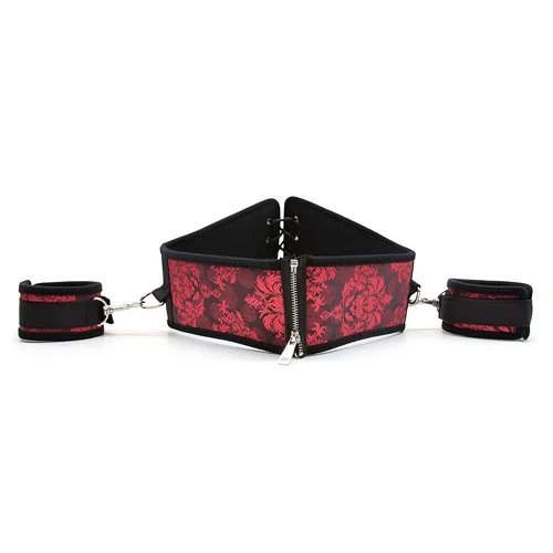 Six Piece Scarlet Brocade Style Corset and Cuff Restraint Kit Red Satin Waist Fetish Bondage Gear Kit Set for Women Couples