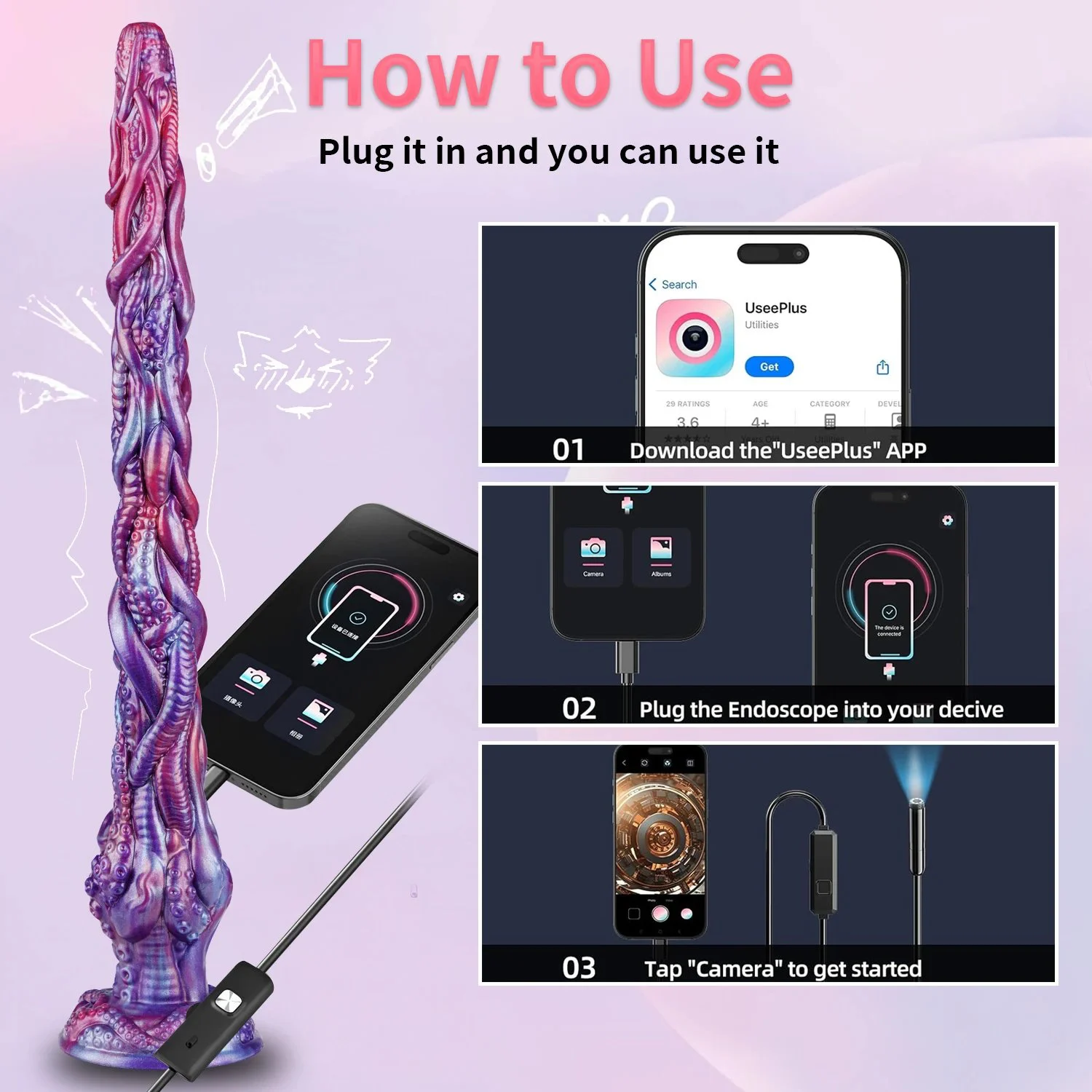 Liquid Silicone Adult Dildo with 1080P HD Video Image Soft Supports Link Mobile APP for Spying Photographing Female Masturbation