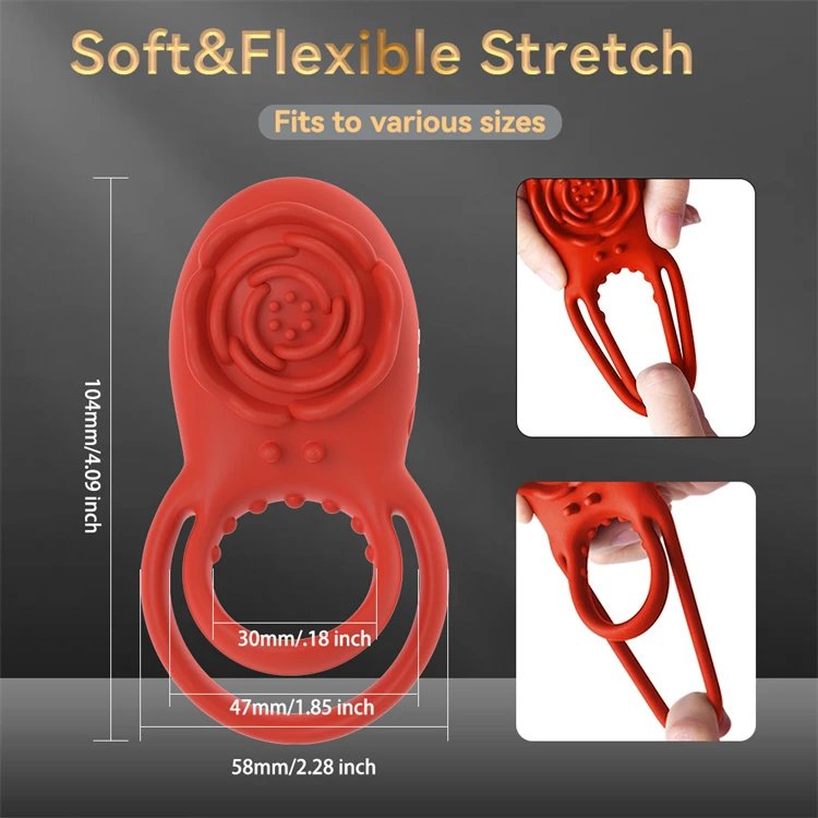 Magnetic USB Waterproof 8 Vibration Modes Rose Shaped Vibrating Cock Ring With Rose Clitoral Stimulator